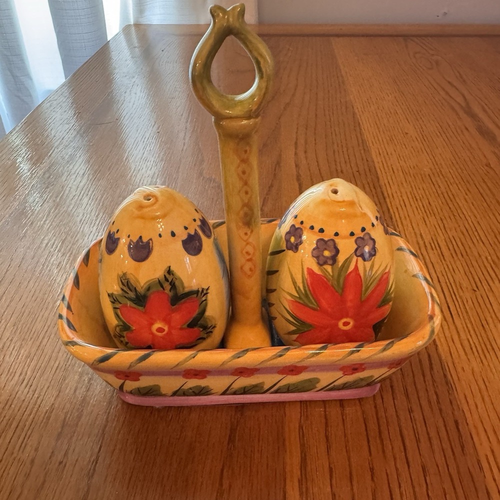 Hand Painted‎ 3 Pc Salt Pepper Set By Fontana Springtime Flowers